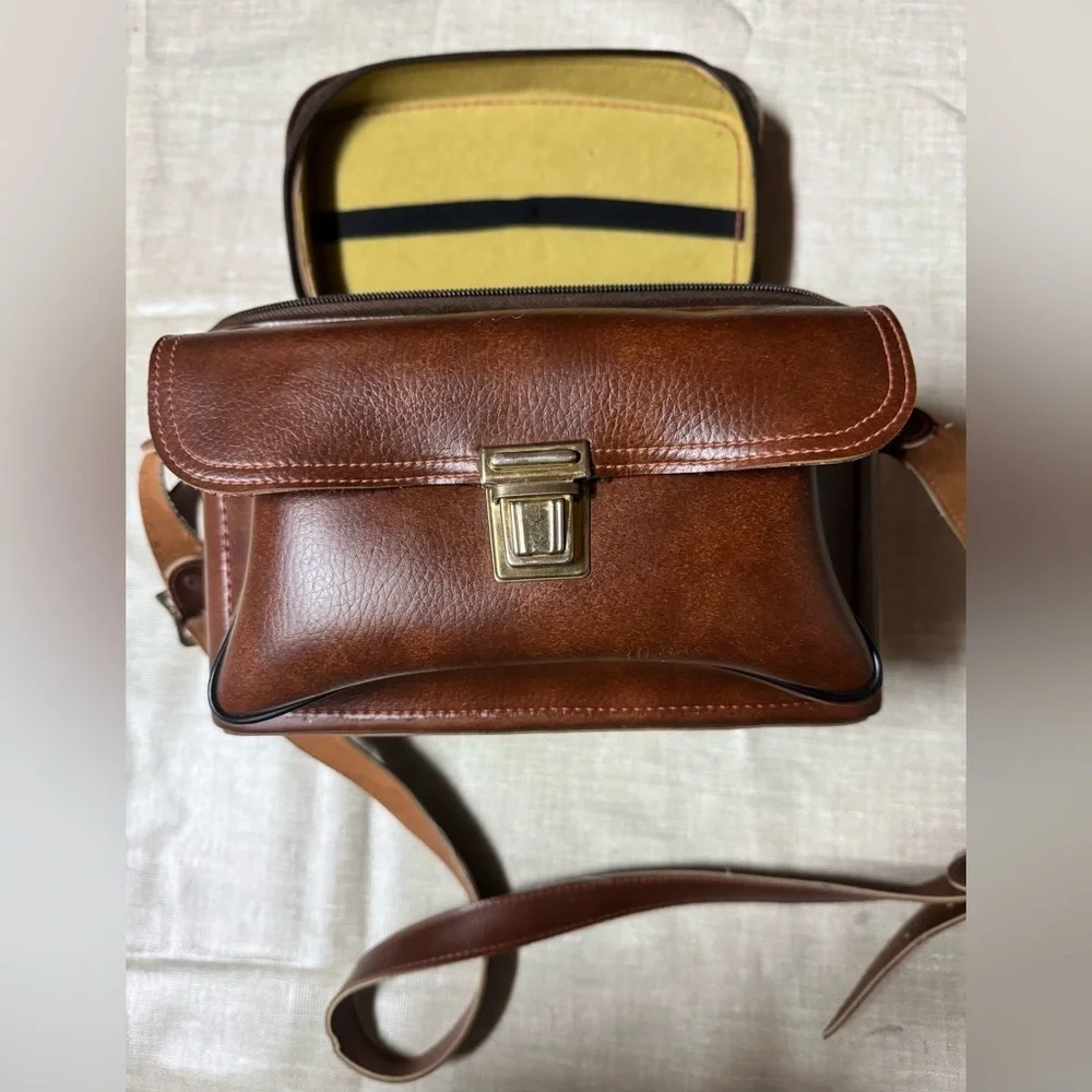 Vintage Leather Camera Bag Case Brown Brass Strap Pocket USA 703 10 x 8 x 6 Inch